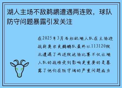 湖人主场不敌鹈鹕遭遇两连败，球队防守问题暴露引发关注