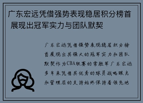 广东宏远凭借强势表现稳居积分榜首 展现出冠军实力与团队默契